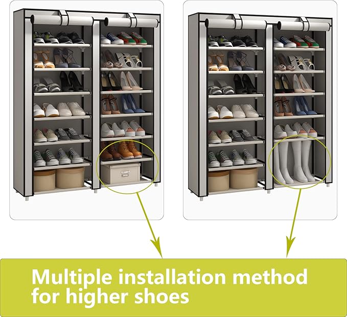 JIUYOTREE Double Row Shoe Rack Storage Organizer with Big Capacity,7-Tier Shoe Cabinet,Shelf,Closet with Nonwoven Fabric Cover for 28 Pairs of Shoes,Grey-NeatNest