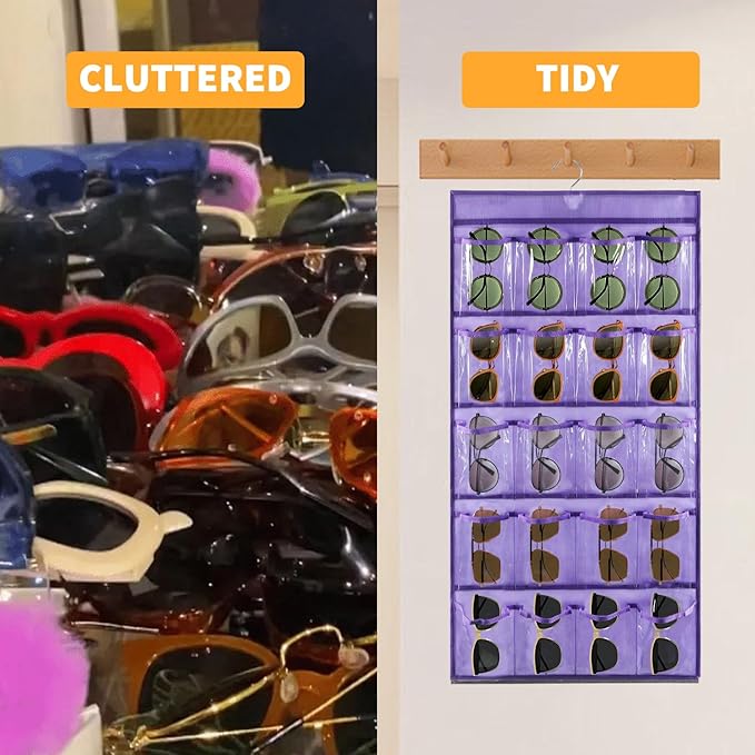 2 Pcs Sunglasses Organizer Storage Sunglass Holder for Wall Hanging Eyeglass Organizer for Multiple Glasses with 40 Clear Slots (PURPLE)-NeatNest