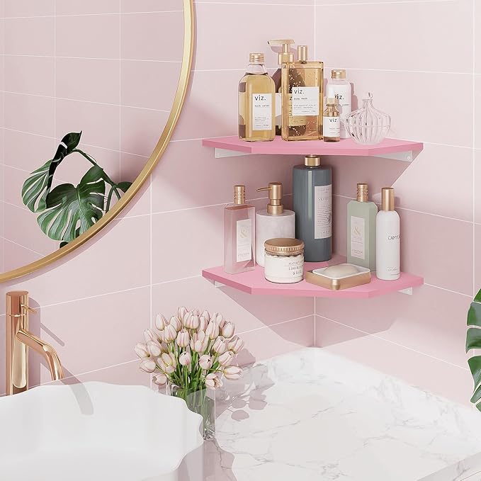 Homode Corner Floating Shelves, Corner Wall Shelf with Cord Hole, 2 Tier Wood Hanging Corner Shelf for Bathroom, Bedroom, Living Room, Pink-NeatNest