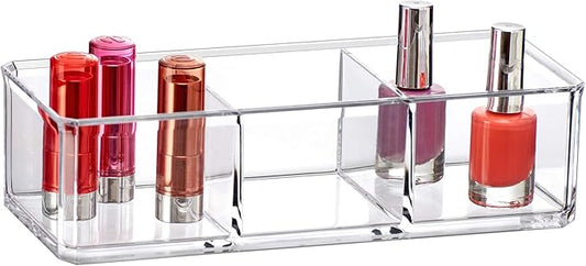 Amazing Abby - Glamour - Acrylic 3-Compartment Makeup Organizer, Transparent Plastic Lipstick Holder, Perfect Bathroom Vanity Storage Solution for Lipsticks, Nail Polishes, and More-NeatNest