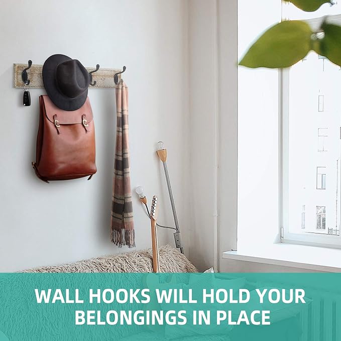 Coat Rack Wall Mounted, Entryway Wall Coat Rack with 4 Rustic Coat Hooks, 17” Vintage Pinewood Hanger Hat, Dual Hook for Hanging Keys Hats, Perfect for Entryway, Bathroom, Living Room