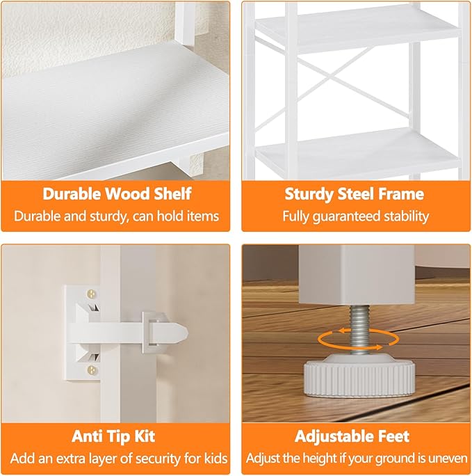 Furnulem 5-Tier Corner Shelf, Narrow Bookshelf with 2 Storage Drawers, Tall Bookcase, Wood Display Standing Shelf Organizer Unit for Living Room, Bedroom, Metal Frame(White)