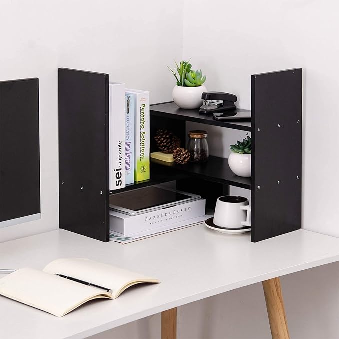 Aleiodvn 2-Shelf Desktop Bookshelf, Adjustable Storage Rack, Modern Design, Home Decor(Black)-NeatNest