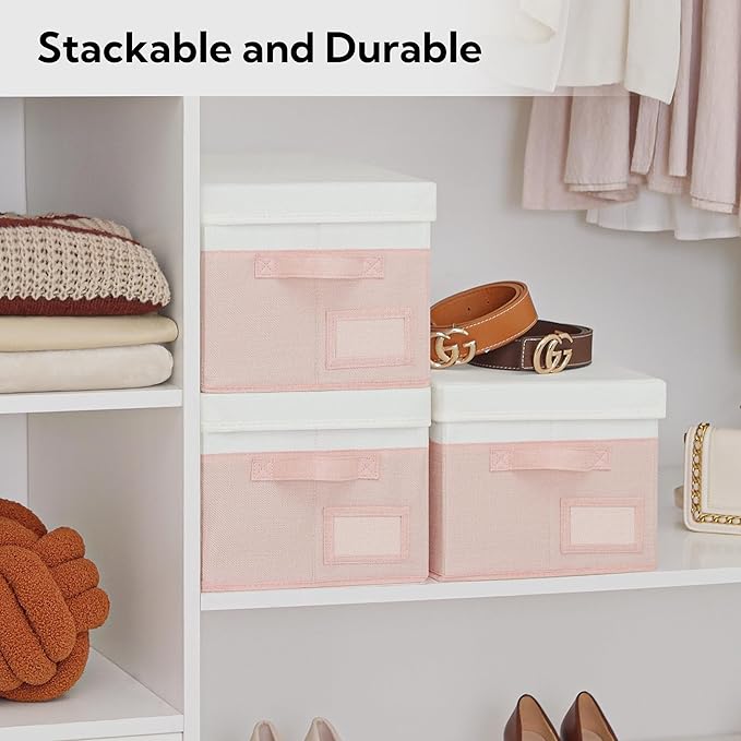 GRANNY SAYS Stackable Storage Bins with Lids, Decorative Closet Organizers, 3-Pack, Pink & Ivory-NeatNest