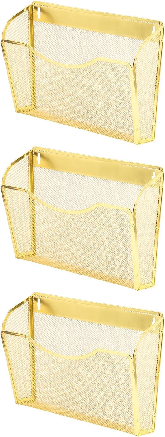EASEPRES 3 Single Pocket Mesh Hanging File Organizer, Vertical Wall Mounted Magazine File Holder, Mount Basket Mail Paper Document Folder Organizing for Office, Home and School, Gold
