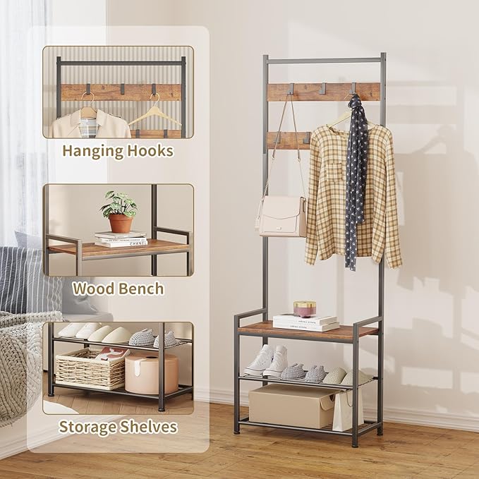 Coat Rack Hall Tree with Shoe Storage, Entryway Hall Tree Storage Bench, Wood Look Accent Furniture with Metal Frame, 3-in-1 Design, Rustic Brown-NeatNest