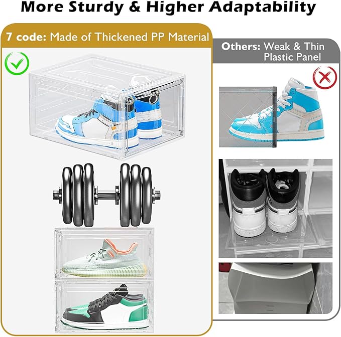 12 Pack Clear Shoe Storage Organizer with Magnetic Door,Stackable Plastic Shoe Boxes for Sneakers,Boots,and Heels,Space-Saving Foldable Shoe Rack for Closet,Durable Shoe Cabinet Organizer,White-NeatNest