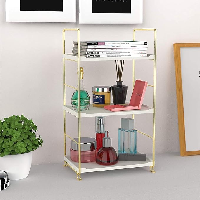 3-Tier Kitchen Spice Rack, Freestanding Stackable Organizer Shelf, Bathroom Countertop Storage Shelf, Cosmetic Organizer Holder, Square Standing Rack (Golden)-NeatNest