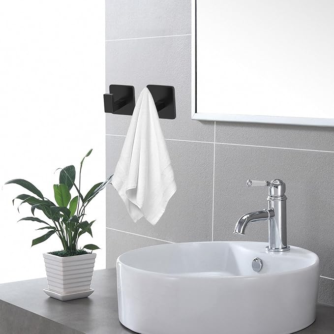 4 Pack Square Self Adhesive Towel Hooks, Matte Black Bath Towel Hook No Drilling Bathroom Towel Hook Aluminum Heavy Duty Wall Hooks for Bathroom Bedroom Kitchen (2 Inch,Matte Black)