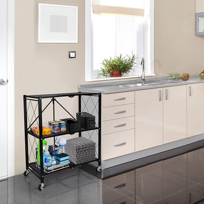 HealSmart 3-Tier Foldable Metal Rack, 27.95" D x 13.39" W x 33.85" H Storage Shelving Unit with Wheels Moving Organizer Shelves for Garage Kitchen, Black