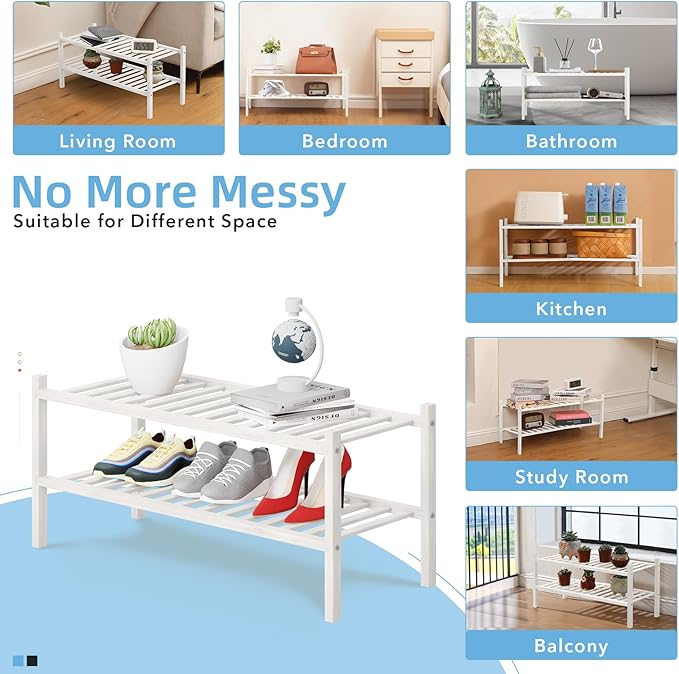 2 Tier Bamboo Shoe Rack Storage Organizer for Closet, Multifunctional Stackable Free Standing Shoe Shelf Organizer for Small Space,Entryway, Hallway, Bathroom27 x11 x13 (White, 2 Tier)-NeatNest