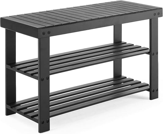 Sweetcrispy Shoe Rack Bench, 3-Tier Bamboo Entryway Storage Organizer, 286lb Capacity, Shoes Stand for FrontDoor Entrance, Bedroom, Living Room, Bathroom, Balcony, 11.3 x 27.6 x 17.8 Inches, Black-NeatNest