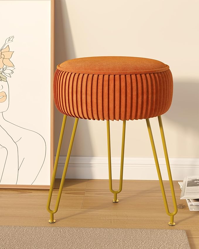 IBUYKE Velvet Round Footrest Stool Ottoman, Makeup Vanity Stool Side Table, Velvet Dressing Table Seat, Pouf Couch Stool, Golden Steel Legs, Orange LG-30J