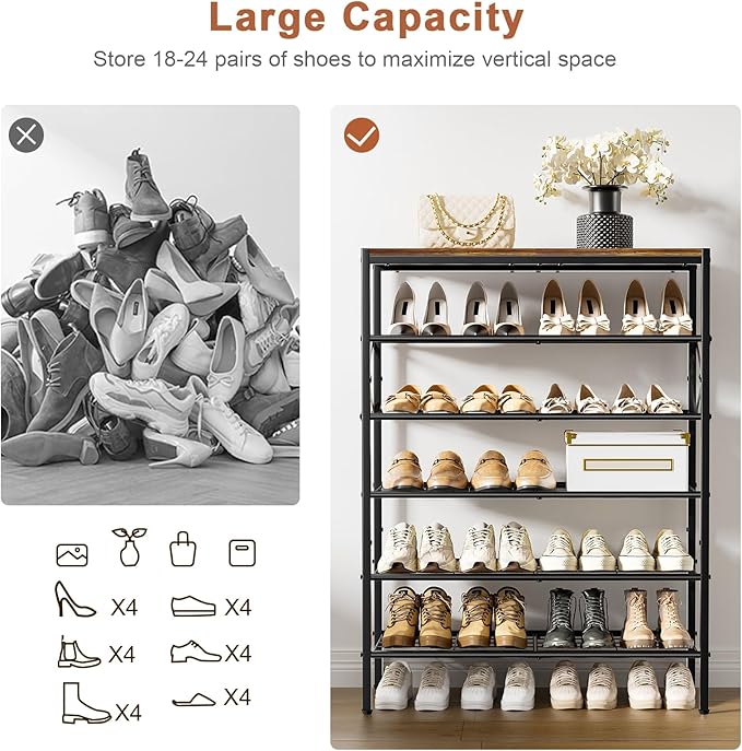 6-Tier Metal Shoe Rack Organizer Shoe Storage for Entryway 18-24 Pairs Narrow Shoe Rack for Closet Heavy-Duty Shoe Rack with Wooden Top Shelf for Garage Rustic Brown-NeatNest