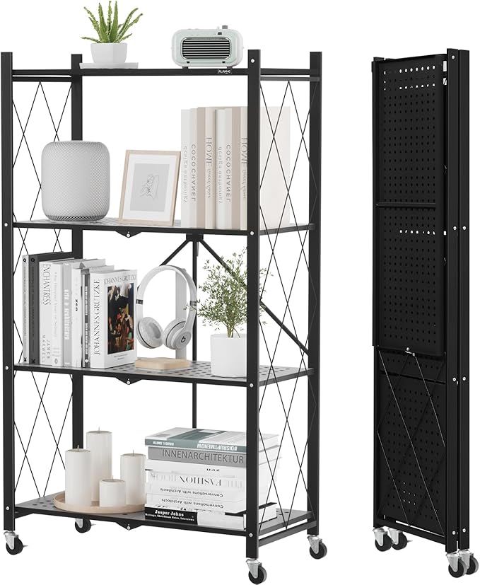 ALANNG Storage Shelves with Wheels, Bookshelf with Storage, No Assembly Metal Rack Cart for Kitchen, Office, Laundry, Garage (4 Tier, Black)