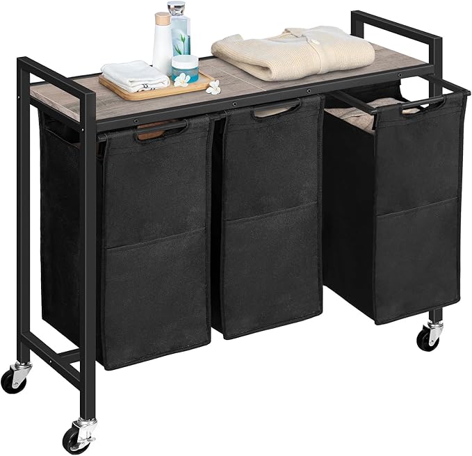 HOOBRO Laundry Sorter 3 Section, Laundry Hamper with Wheels, 3 × 11.5 Gal (43.4L), Rolling Laundry Basket, Pull-Out and Removable Oxford Fabric Bags, Greige and Black BG76XY01-NeatNest