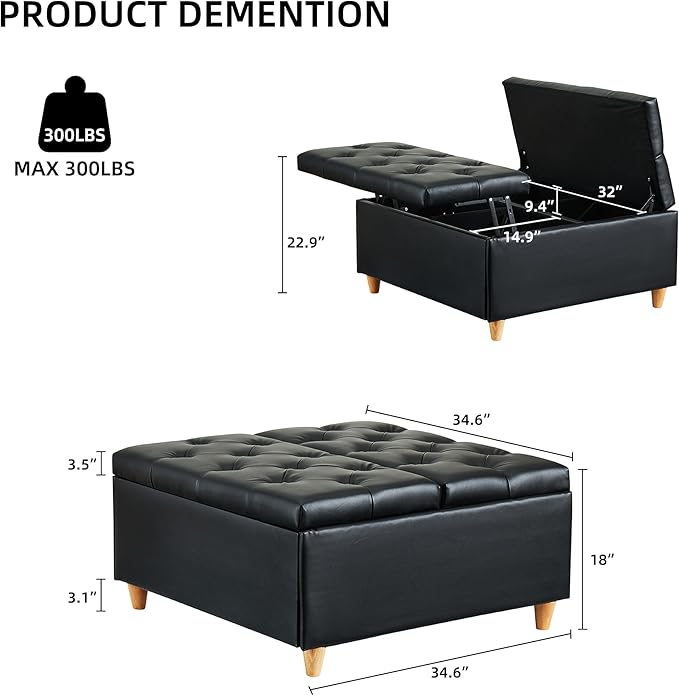 GAOMON Leather Storage Ottoman Coffee Table with Lift Top, Faux Leather Tufted Upholstered Ottoman with Storage, Large Square Storage Ottoman Bench for Bedroom Living Room(Leather, Black)