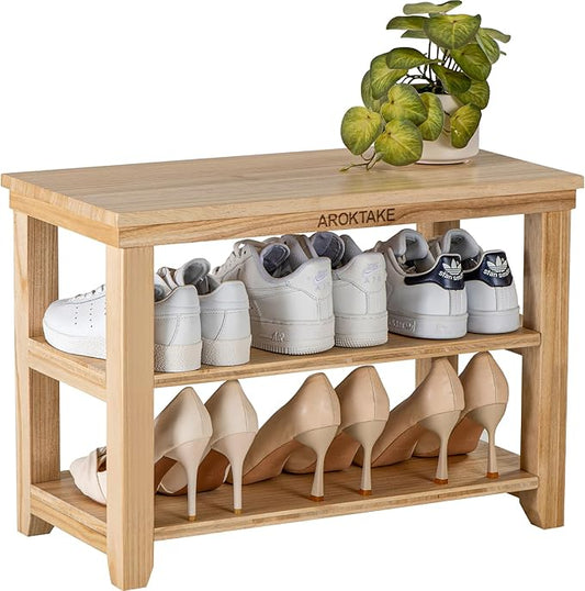 Small Shoe Rack Bench, Wooden Shoe entryway Bench, Shoe Organizer for Hallway, Living Room(Natural, 23.62”)-NeatNest