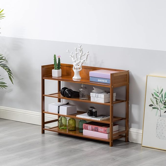 4 Tier Shoe Rack Organizer, 4 Tire Bamboo Stackable Shoe Shelf Storage Organizer, for Entryway, Hallway, and Closet (Brown)-NeatNest