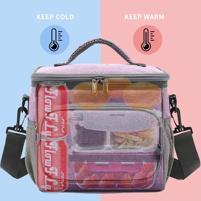 FlowFly Insulated Reusable Lunch Bag Adult Large Lunch Box for Women and Men with Adjustable Shoulder Strap,Front Zipper Pocket and Dual Large Mesh Side Pockets,Purple-NeatNest