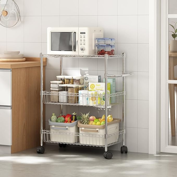 3 Tier Rolling Storage Cart with Adjustable Wire Shelving, 360-Degree Rotating Wheels with Brakes, Sturdy Carbon Steel Build, Versatile for Kitchen, Bathroom, and Office