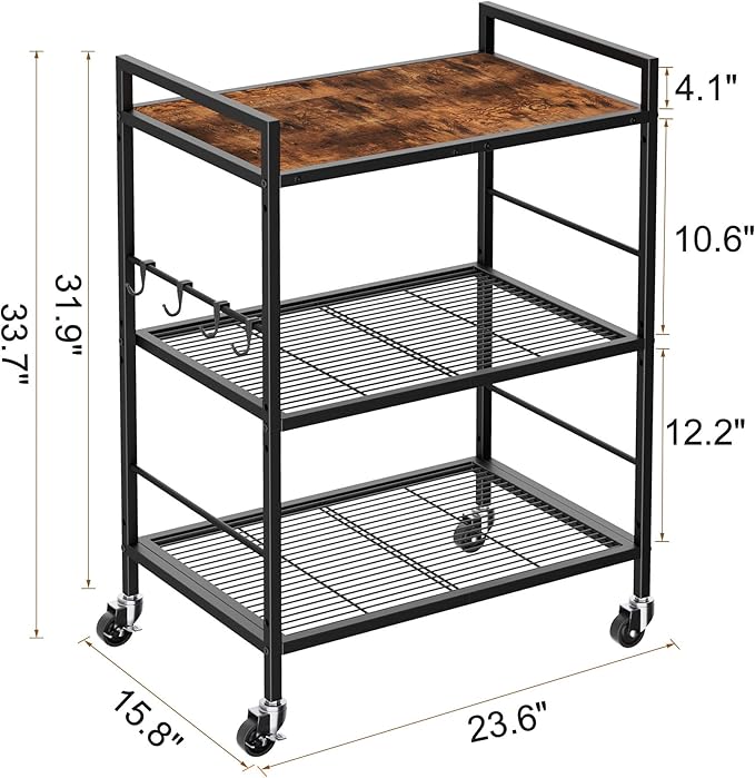 3-Tier Metal Storage Rack with Industrial Wheels,Mesh Shelving Unit with Wooden Table top,Adjustable Shelf,23.6-Inch Width,15.8-Inch Depth, for Kitchen, Laundry,Pantry,Plant,Black