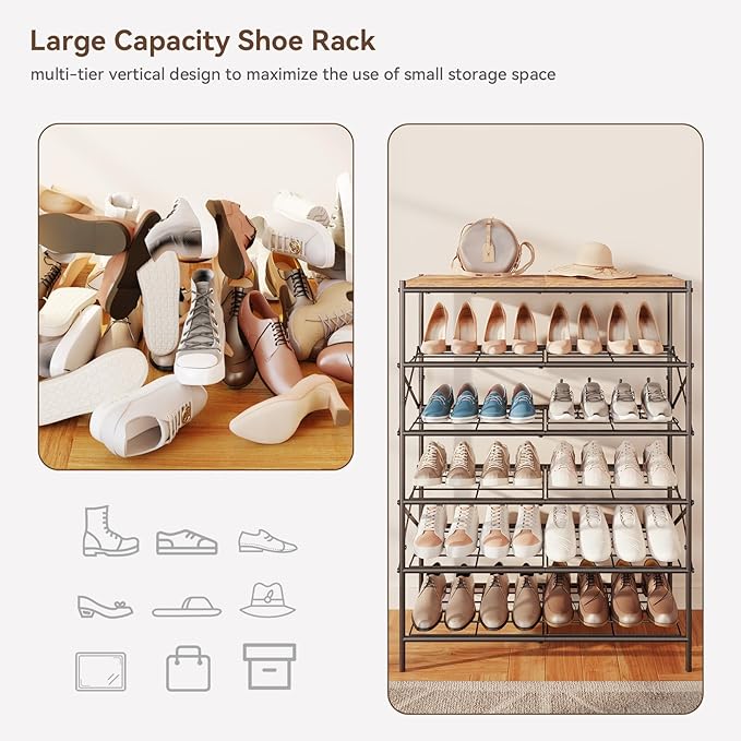 IBUYKE 6 Tier Shoe Rack, Large Capacity Shoe Storage Organizer for 24 Pairs of Shoes, Metal Shoe Storage Rack with Shelf for Entryway Hallway Closet Garage, Rustic Brown and Black TXJ016H-NeatNest