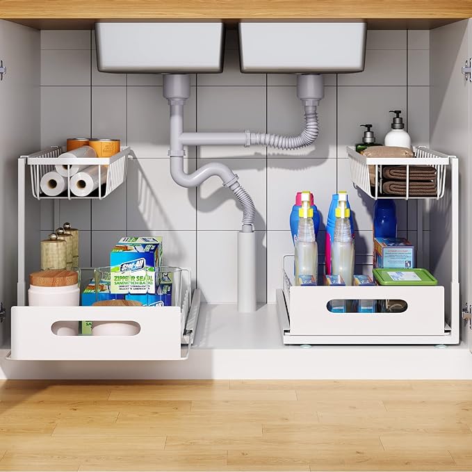 2 Pack Under Sink Organizer, 2 Tier Under Sink Organizers and Storage Multi-Purpose Under Sink Storage for Bathroom Kitchen (White)-NeatNest
