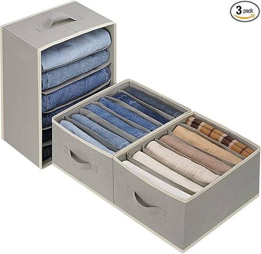 3 Pcs Large Size Wardrobe Clothes Organizers 6 Grids for Pants, Jeans, Sweater, T-shirt, Thin Coat, Dress Stackable Closet Drawer Organizer Storage Bin Container with Sturdy Handles, Grey-NeatNest