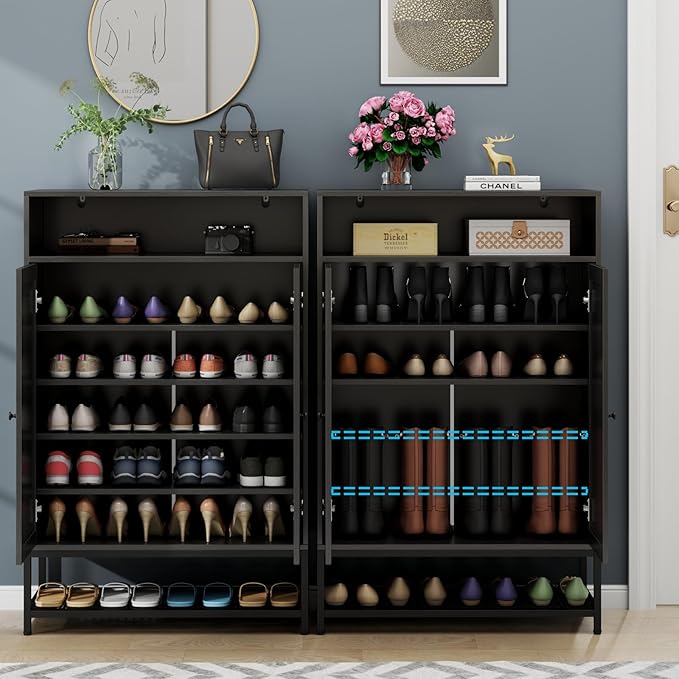 Rattan Shoe Organizer with Doors, Shoe Storage Cabinet with Adjustable Shelves for Entryway, 7-Tier Entryway Shoe Rack Storage for Hallway, Closet, Living Room-NeatNest