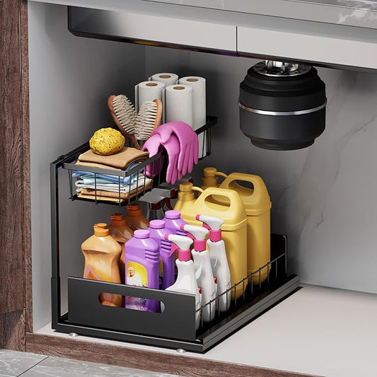 Under Sink Organizers and Storage 2 Tier Slide Out Kitchen Cabinet Organizer Sturdy Metal Bathroom Storage (Black, 1 Pack)-NeatNest