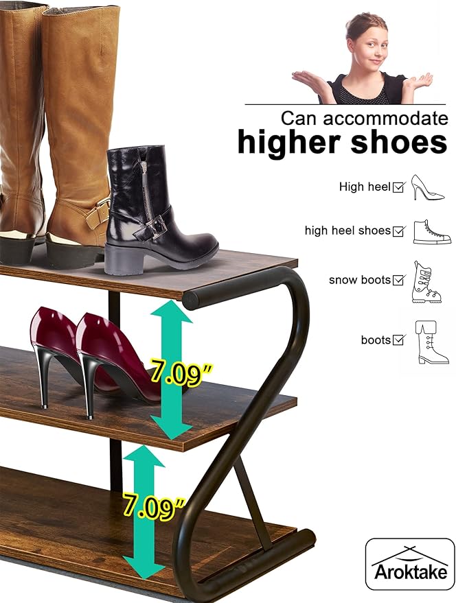 3-Tier Shoe Rack, Z-Frame Wooden Shoe Shelf with Durable Metal Shelves for Hallway, Living Room, Closet, Bedroom (Rustic)-NeatNest