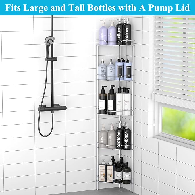 5 Tier Floor Standing Corner Shower Caddy Organizer Shelf with Hooks, Bathroom Shelves Stand Rack, Silver