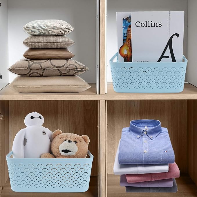 5 Pack Plastic Storage Baskets, Portable Blue Fish Scale Pattern Hollow Desktop Storage Bin Box with Handle for Kitchen, Bathroom, Kids Room or Nursery Storage – 9.4 x 7.1 x 4.1 inches