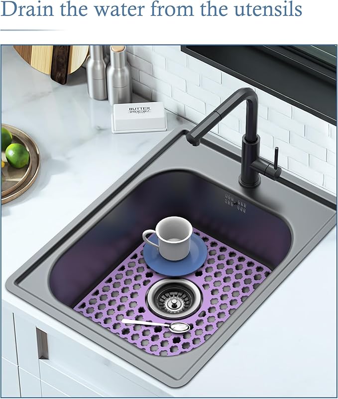 2 Pack BEHOK Silicone Sink Protectors for Kitchen Sink, Bathroom Sink, 13.58"x 11.6" Heat-resistant Mat, Non-Slip and Durable Sink Protector Silicone, Center Drain, Purple