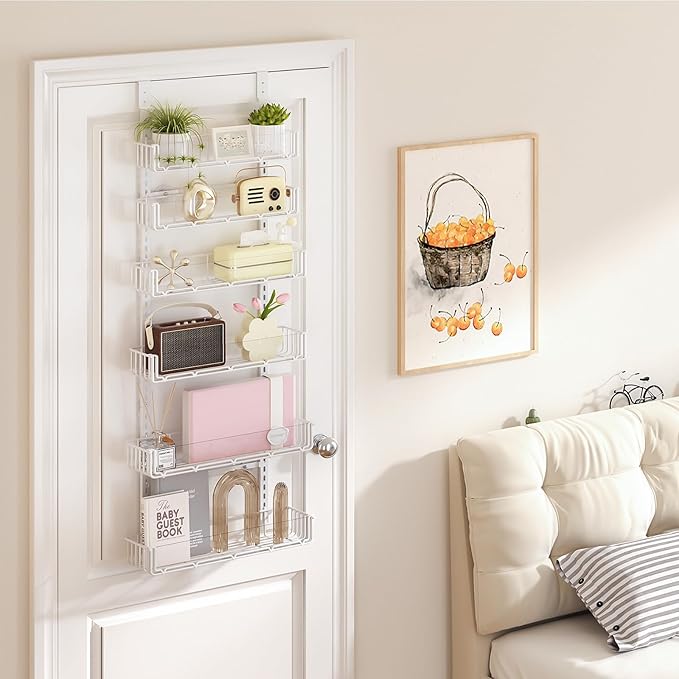 Delamu Adjustable Over the Door Pantry Organizer with Clear Acrylic Panel, 6-Tier Pantry Organization and Storage for Kitchen, Hanging Spice Rack Seasoning Shelves for Cabinet, Easy Install, White-NeatNest