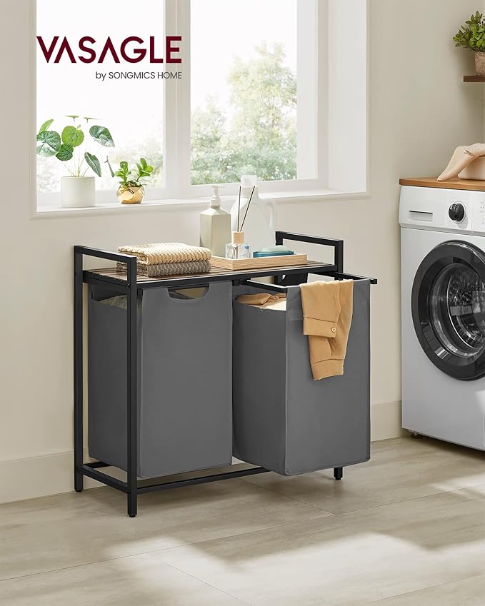 VASAGLE Laundry Hamper, Laundry Basket, Laundry Sorter with 2 Pull-Out and Removable Bags, Shelf, Metal Frame, 2 x 12.1 Gallons (46 L), 28.8 x 13 x 28.4 Inches, Slate Gray and Rustic Brown UBLH201G01-NeatNest