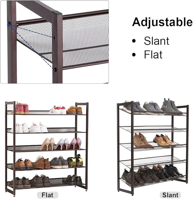 SONGMICS Shoe Rack, 5-Tier Shoe Organizer, Metal Shoe Storage for Garage, Stackable Shoe Shelf, with Adjustable Flat or Angled Shelves, 20-25 Pairs, Bronze ULMR05A-NeatNest