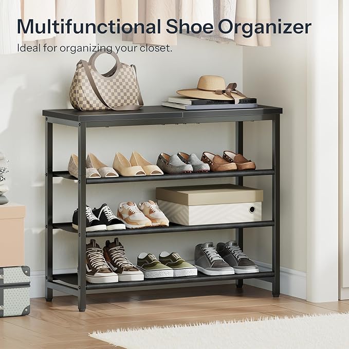 HOOBRO Shoe Rack with 3 PU Shelves, 4-Tier Shoe Storage Organizer for Closet and Entryway, Holds 9-12 Pairs of Shoes, Sturdy Metal Frame, Small Spaces, Black BB94XJ01-NeatNest