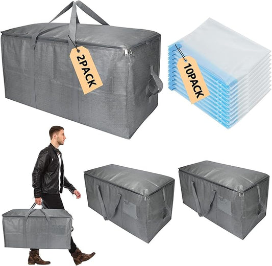 Extra Large Storage Bags Set Heavy Duty Moving Totes with Handles, Waterproof Dual-Way Carrying Design Fold Flat Storage Totes For Effortless Moving, (Gray, 12 Park-2 Moving bag & 10 Vacuum Seal Bags)
