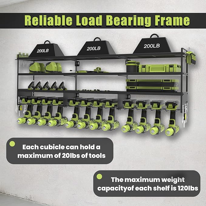 50''W Large Power Tool Organizer Wall Mount, Heavy Duty 4 Tier 12 Drill Holder Loads 600lbs, Garage Tool Organizer and Storage, Suitable Tool Rack for Workshop, Workbench