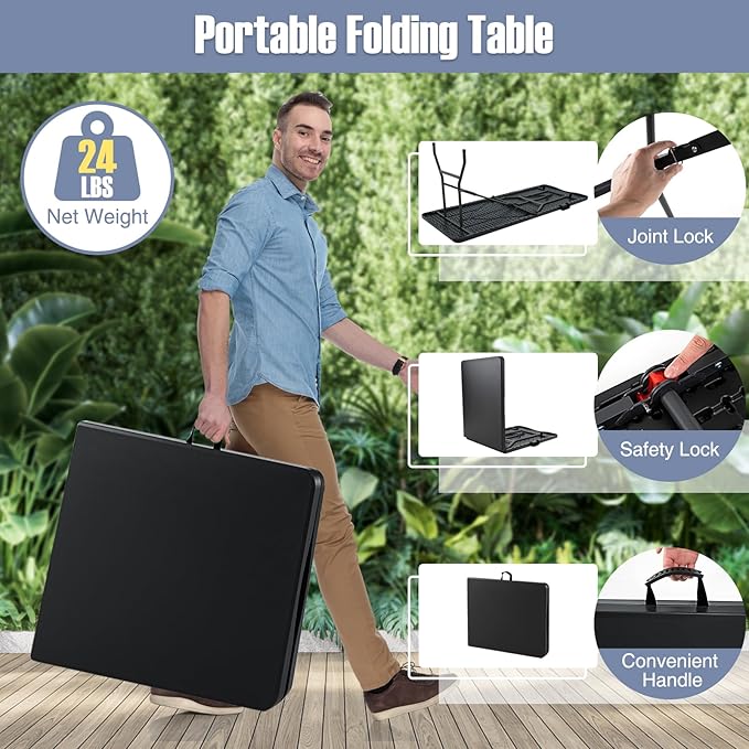 Goplus 6ft Plastic Folding Table, 350 LBS Outdoor Heavy Duty Folding Tables with HDPE Tabletop, Handle, Lock, Foldable Rectangle Portable Utility Card Table for Picnic, Party, Camping, Dining-NeatNest