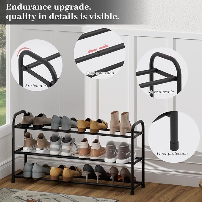 Expandable Shoe Rack, Adjustable Shoes Organizer Metal, Space-Saving Storage Shelf for Closet, Entryway, Front Door & Hallway,Sturdy and Easy Assembly (Black, 3-Tier)