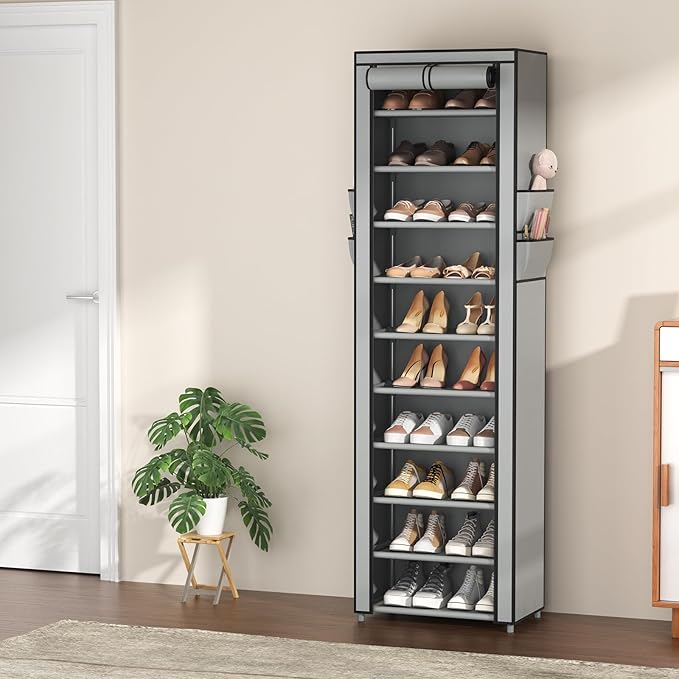 VTRIN Vertical Narrow Shoe Rack Organizer Tall Shoe Rack for Closet Entryway 10 Tier Non-Woven Cover Shoe Shelf Holds 20-22 Pairs Free Standing Shoe Storage Cabinet with Dustproof Cover, Grey-NeatNest