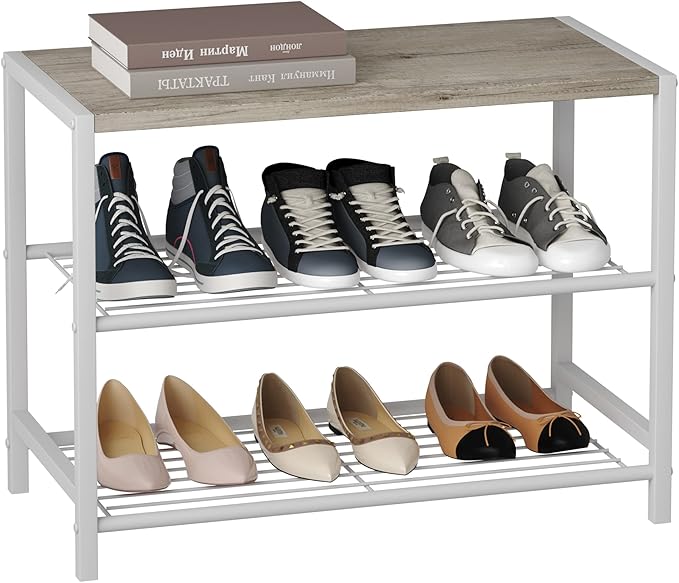 HOMEFORT 3-Tier Shoe Rack, Shoe Storage Shelf, Industrial Shoe Tower, Narrow Shoe Organizer for Closet Entryway, Small Shoe Rack Table with Durable Metal Shelves, White Oak-NeatNest