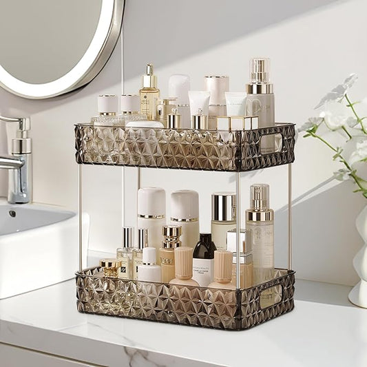 Makeup Organizer for Vanity,Bathroom Countertop Skincare Organizer,Makeup Counter Shelf Perfume Holder Rack,Cosmetic Display Case(Clear Black, 2 Tier)-NeatNest