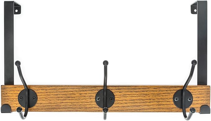 creathome Dual-Purpose Wooden Hanger with 3 Round Hooks Classic Color, Behind/Over The Door Towel Rack for Bathroom, Heavy Duty Wall Mounted Coat Rack, No Drilling