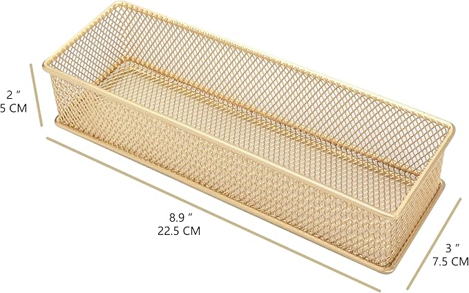 Annova Mesh Stackable Drawer Cabinet and Shelf Organizer Bins Storage Basket School Office Supply Holder Tray- Set of 2 (Gold, 3x9x2 Inch)-NeatNest