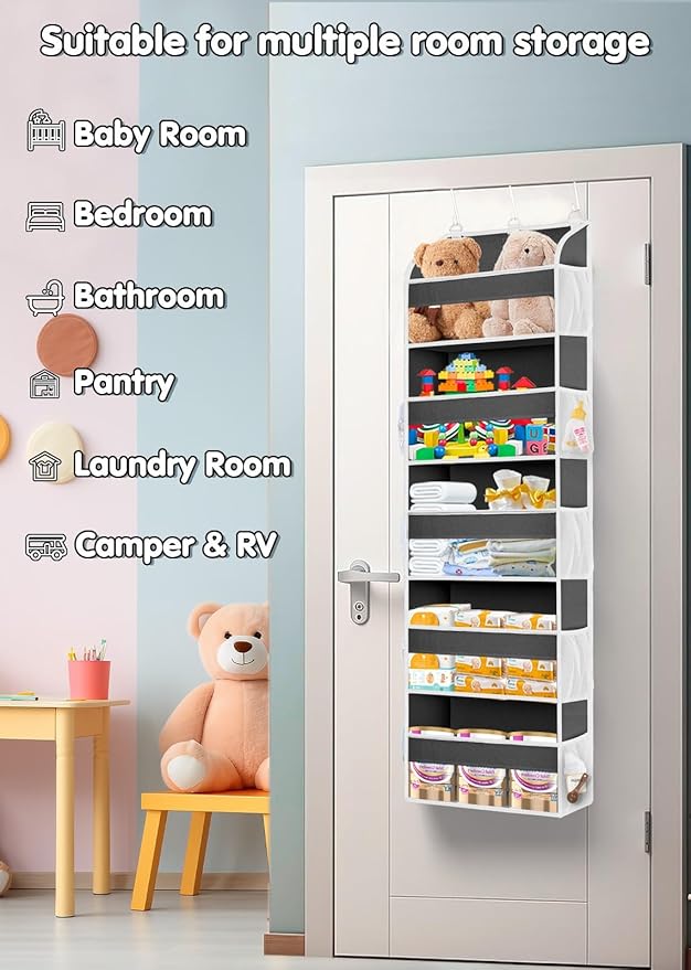 1 Pack Over The Door Organizer Storage, Hanging Organizer Closet with 5 Large Pockets 10 Mesh Pockets, 44 lbs Weight Capacity, Behind Door Storage for Nursery Bedroom Bathroom (Dark Grey)-NeatNest