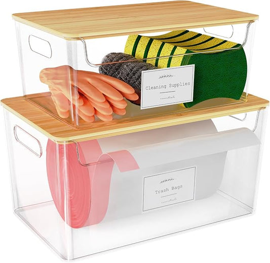 2 Pack Trash Bag Holder Under Sink Stackable, Plastic Garbage Dispenser with Lid, Trash Bag Storage Dispenser Roll Holder for Kitchen, Pantry, Laundry Room Organization-NeatNest